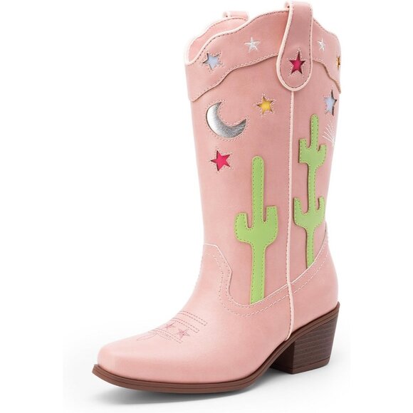 Girls Cowboy Boots Cowgirl Western Boots with Low Heel Square Toe for Little Kid - Picture 1 of 5